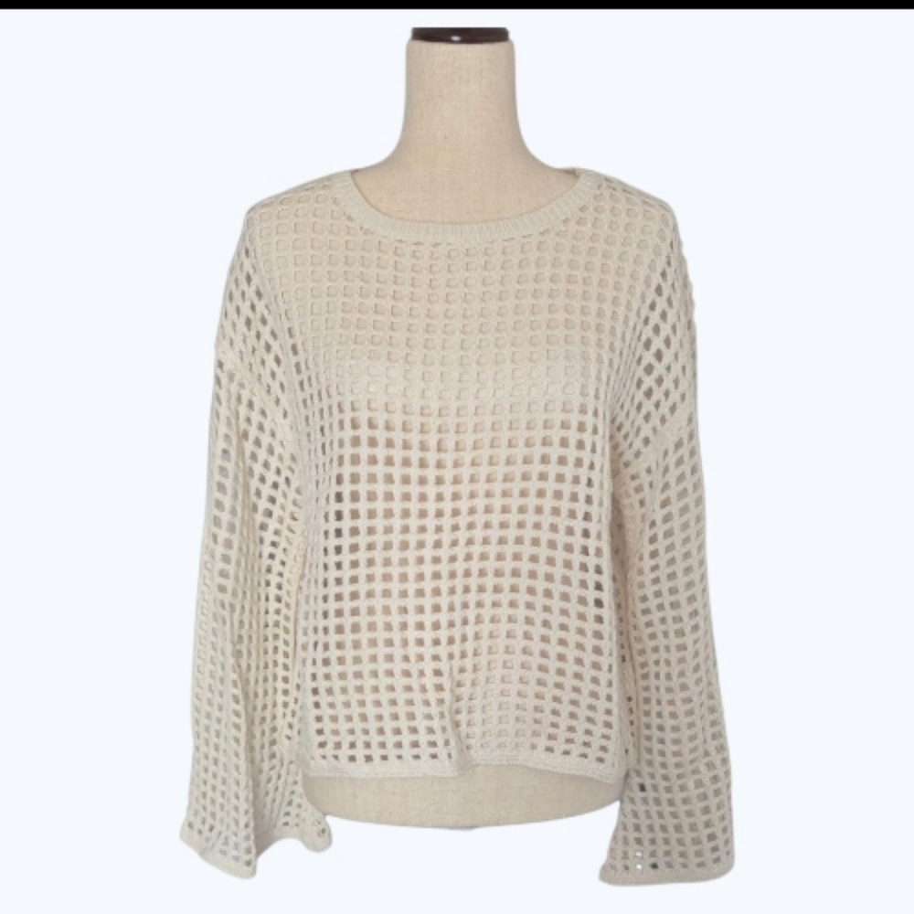 NWOT Cream Crochet Knit Layering Sweater | Crewneck Long Bell Sleeve | Medium